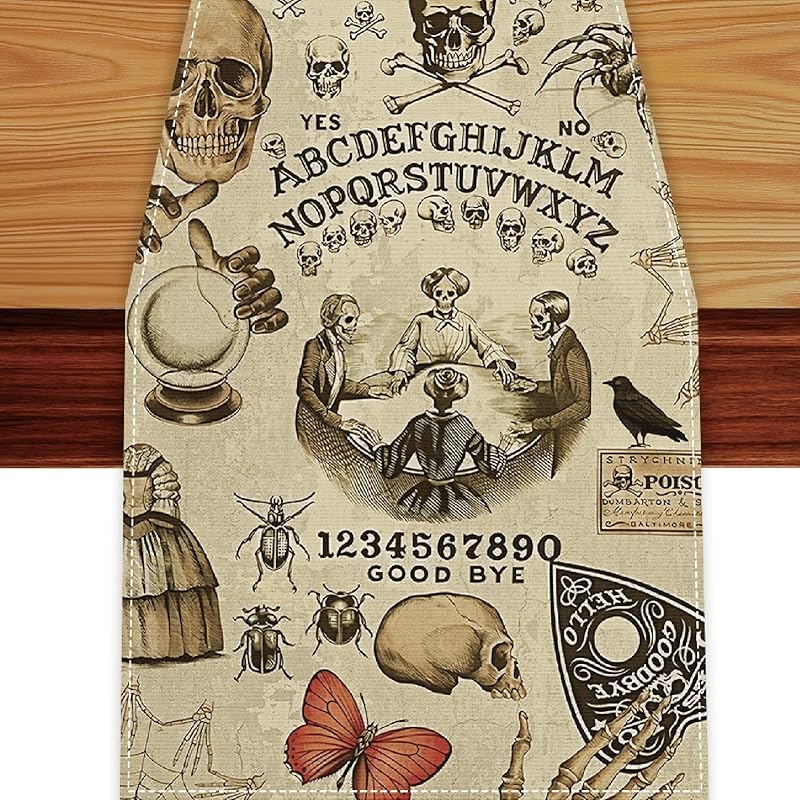 Retro Halloween Table Runner,Spooky Gothic Table Runner Skull Day of The Dead Table Cloth,Vintage Spider Web Spooky Halloween Decorations for Home