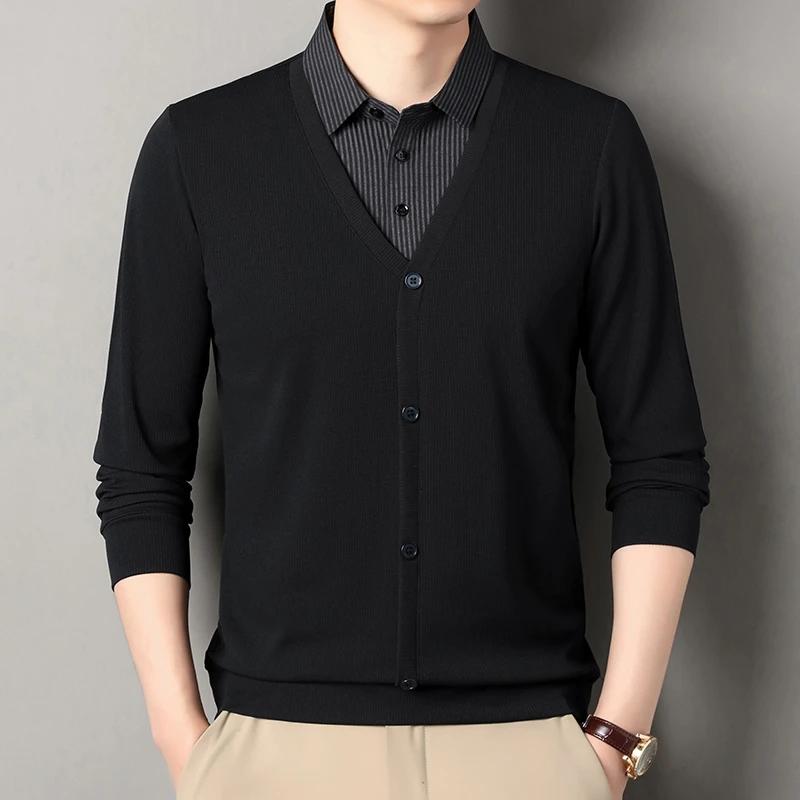 2026 New Men's Fake Two Piece Polo Shirt Casual Fashion Long Sleeve Collar T-shirt Versatile Top