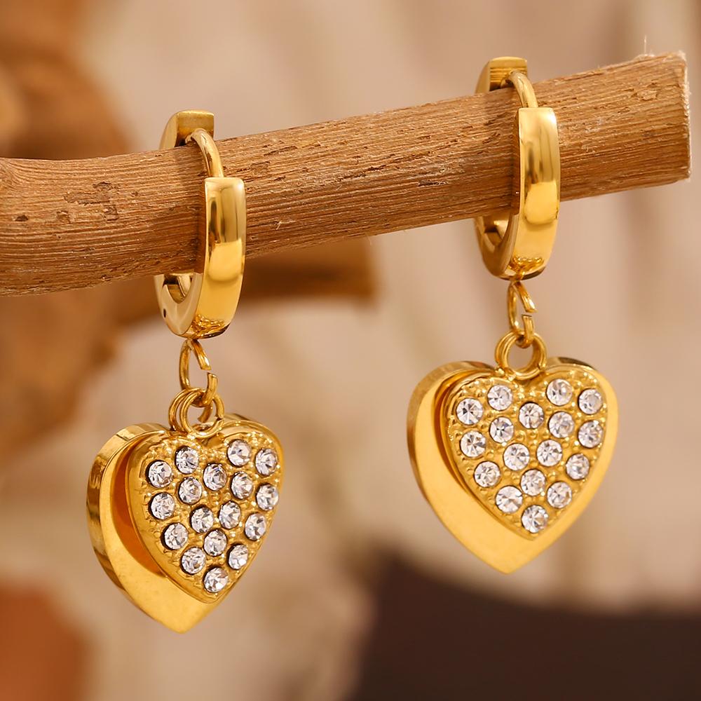 MamacitaSlay 18K Gold Plated Stainless Steel Zircon Double Heart Earrings Party Waterproof Jewelry Women's High Quality Gift
