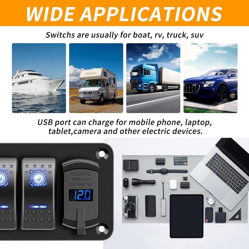 4 Gang IP68 Waterproof Boat Rocker Switch Panel DC 12-24V LED Digital Voltmeter + Dual USB (QC 3.0 & Type-C) Fast Charging Pre-Wired Toggle Switch
