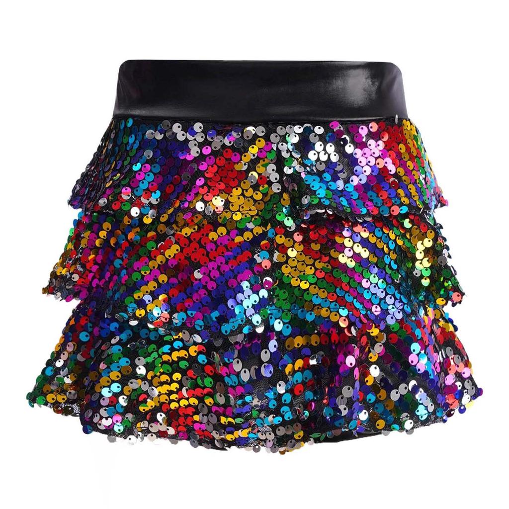 Kinder Mädchen Stufenrock mit Rüschen Tanzrock Shorts Metallic Glänzend Pailletten Elastischer Bund Culottes Tanz Bühnenauftritt Kostüm