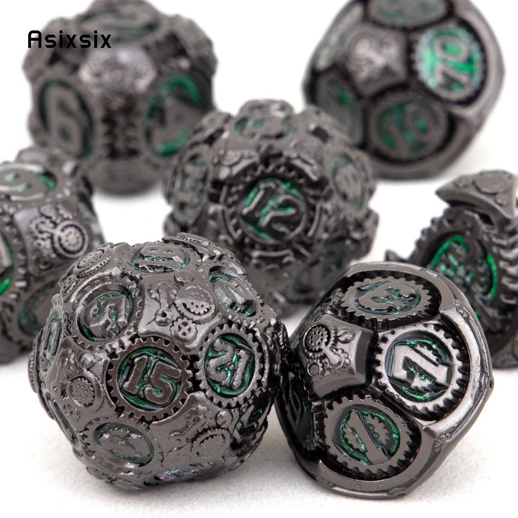 7 Pcs Green Black Gear Wheel Metal Dice Solid Metal Polyhedral Dice Set Suitable for Role-Playing RPG  Board Game Card Game