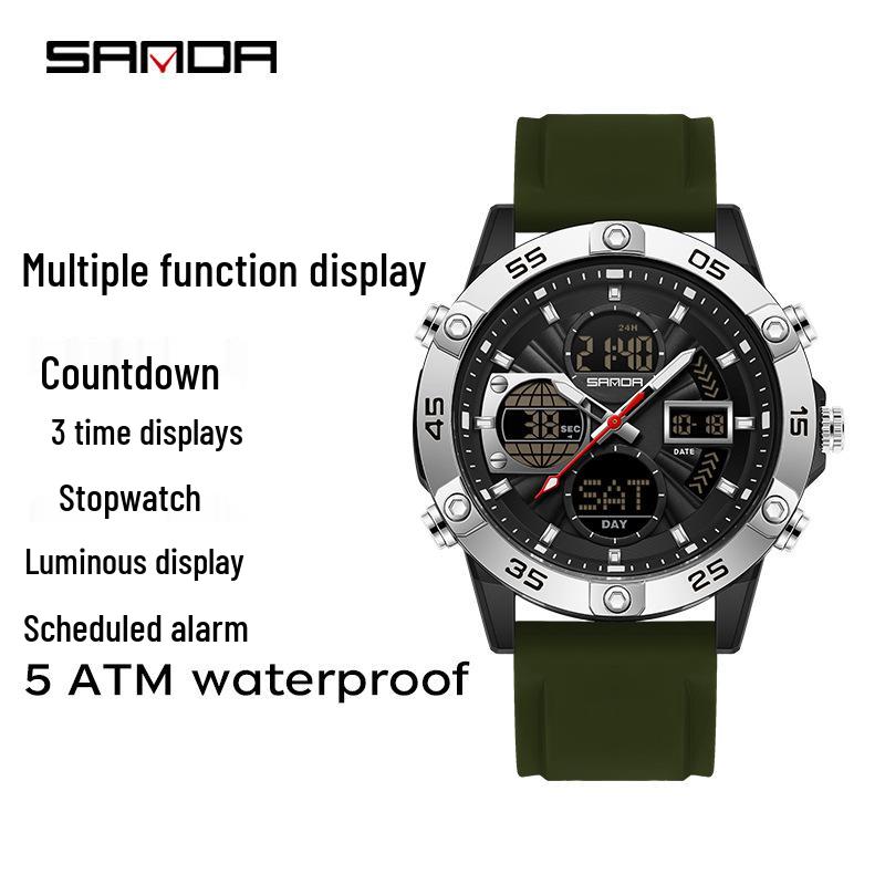 SANDA 3D Multifunction Sports Watch – 3 Time Zones, Waterproof, Student Wristwatch