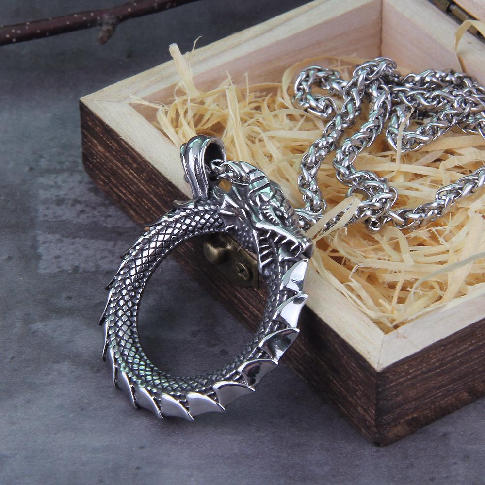 Stainless Steel Viking Ouroboros Dragon Pendant Necklace with Wooden Box Never Fade Mens Jewelry