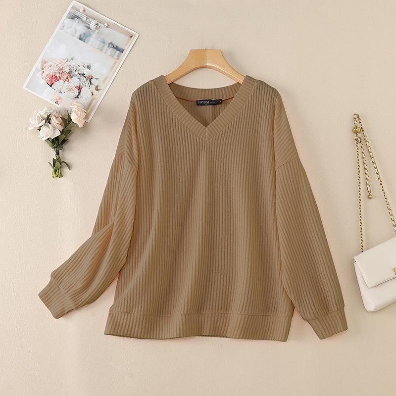 ZANZEA Lässige, einfarbige Bluse mit langen Ärmeln und V-Ausschnitt für Damen