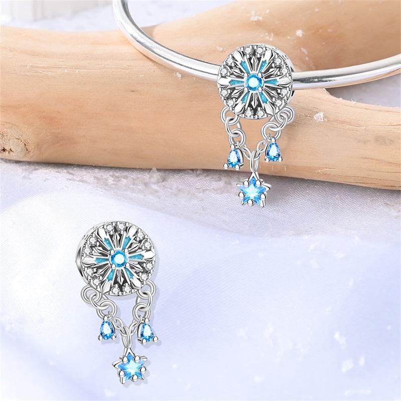 Charms Perles Flocon de Neige Bleu Cuivre Hiver Noël Ruban Convient Bracelet Original Collier Bijoux Fins Femmes Cadeaux Bricolage