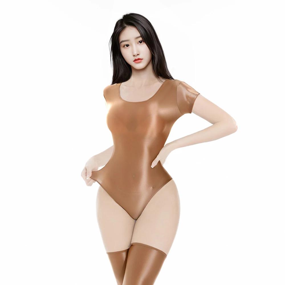 Sexy Women Stain Smooth High Cut Bodysuit Oil Glossy Shiny Elastic Dance Maid Tights Yoga Shapping Leotard One Pieces T-Shirt