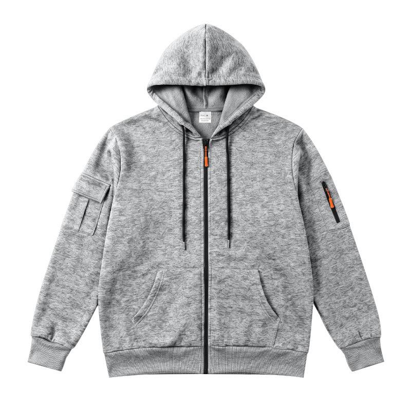 Men Heather Full Zip Hoodie Jacket, Drawstring Hood Long Sleeve Sweatshirt With Multi Arm Cargo Pockets Casual Outdoor Zip Up Hooded Coat