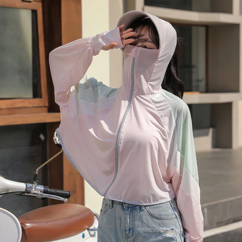Chaqueta de Verano para Mujer de Seda de Hielo Patchwork Colorblock Protección Solar Ligera con Capucha Abrigo UV para Ciclismo, Ropa Exterior Transpirable Protector Solar