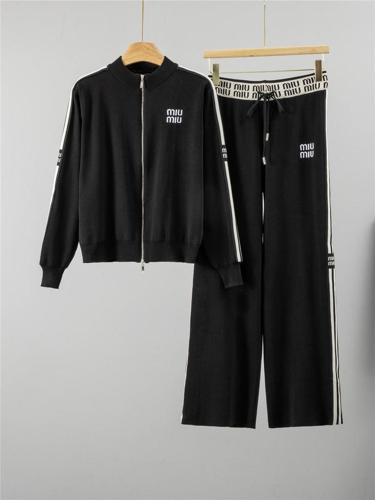 Women's Trendy Knit Set: Embroidered Zip Cardigan & Wide-Leg Pants for Autumn/Winter