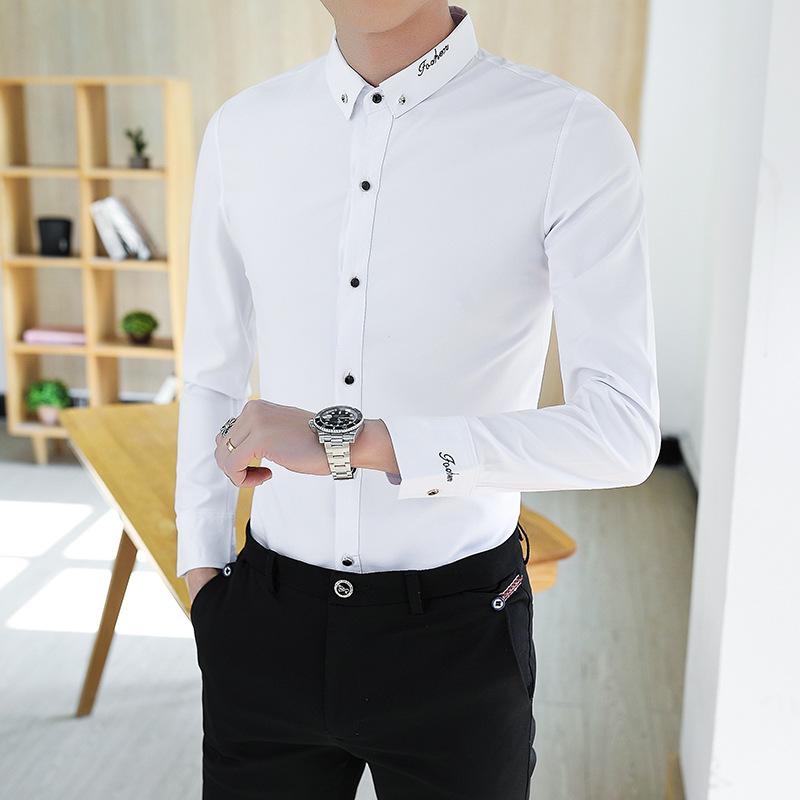 Herren Kleinkragen Langarmhemd Minimale Stickerei Schmal Geschnitten Uni Business Casual Hemd