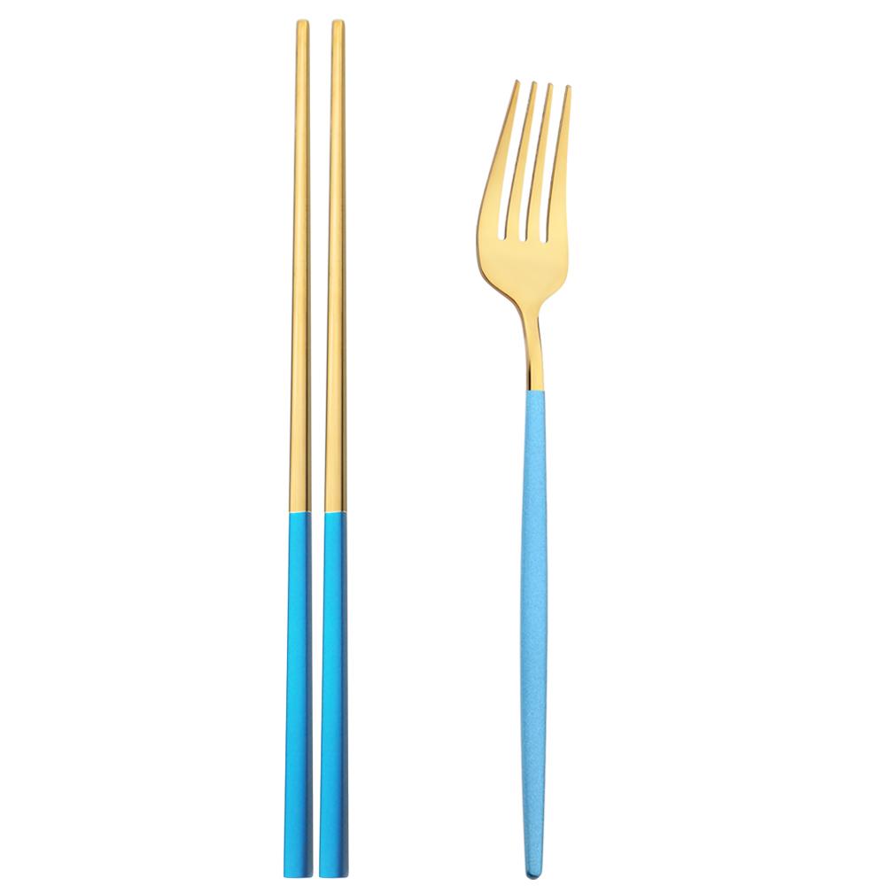 2Pcs Black Stainless Steel Set Cutlery Dinner Fork Chopsticks Portable Dinnerware Set Silverware Western Kitchen Home Tableware