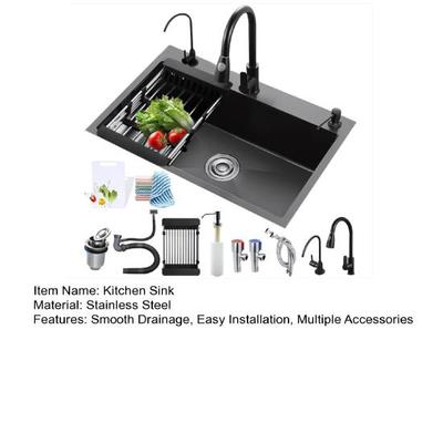 Black Kitchen Sink, Embedded/Top Mounted Stainless Steel Workbench Sink with Cutting Board & Drainage Basket, Single Bowl Sink with Accessories (31.5