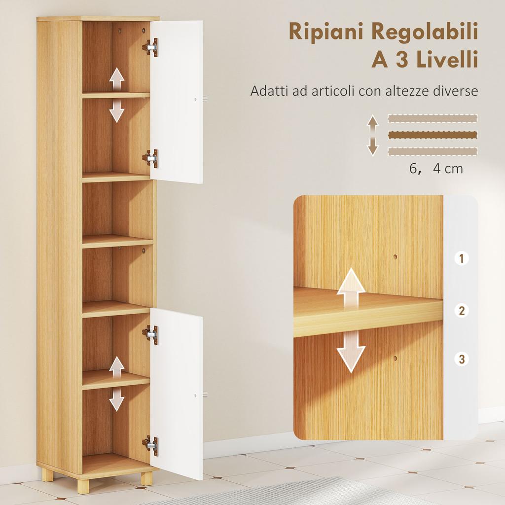 Bathroom Column with 2 Cabinets and Open Shelves, Adjustable Internal Shelves, 30x30x166 Cm, White and Wood
