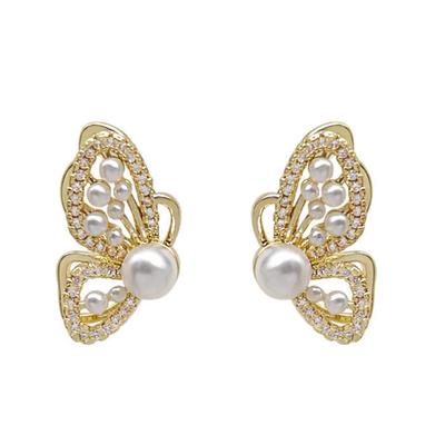 New Fashion French Pearl Butterfly Diamond Stud Earrings  for Women Girl Gift Jewelry Wholesale