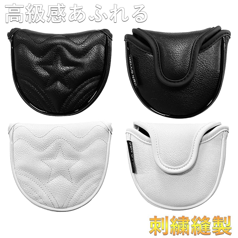 Golf Headcover, Pin Type, Putter/Mallet Cover, Single Headcover, Wave Pattern, Black/White, Waterproof, Premium PU Leather (Black, Semi-Circular)