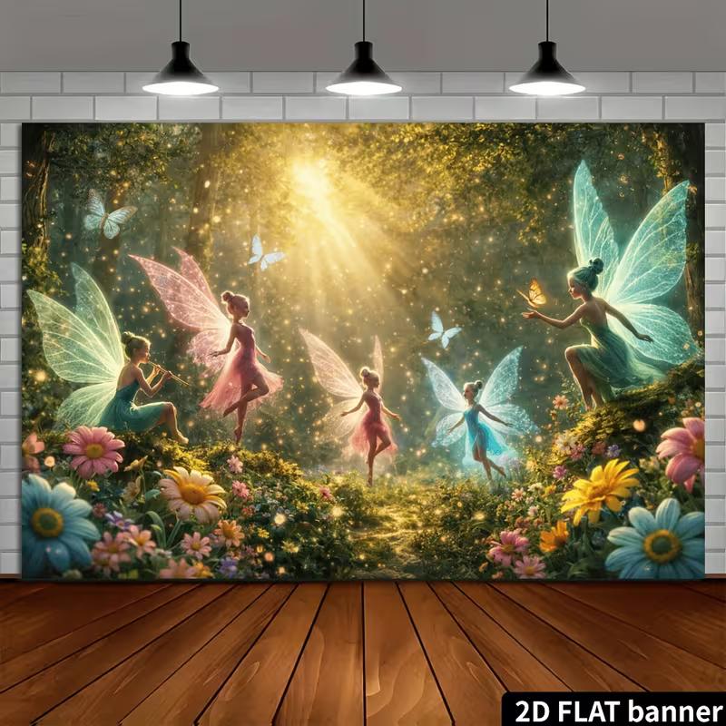 2D Verzauberter Wald Fee Kulisse Blumige Sonnenlicht Party Foto Booth Banner