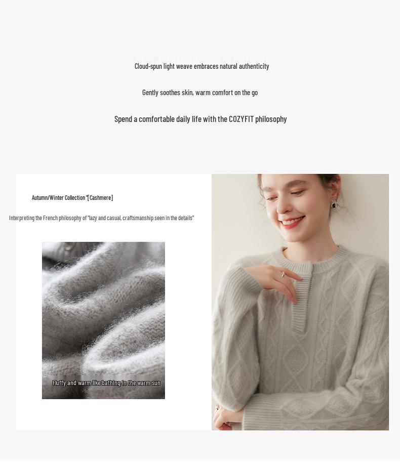 Women's Cashmere Cable Knit Sweater - Lazy Style, Solid Color, Long Sleeve