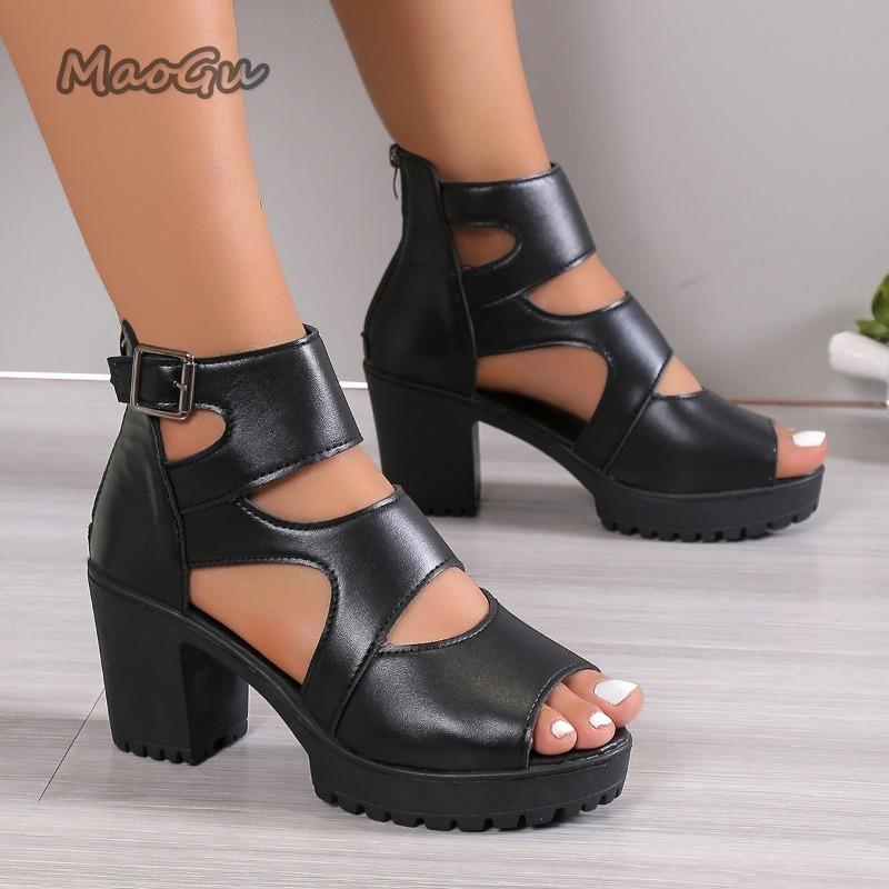 Fashion Women's 2025 High Heel Sandals Elegant Gladiator Black Square Buckle Thick Heel Fish Mouth Sandales Platform Sandalias De Mujer