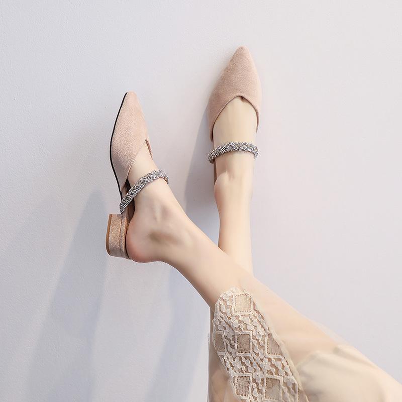 6374-5 Low heel outer wear fashion bag head half tray women's shoes single shoes cool slippers pointed half slippers women's pearl new