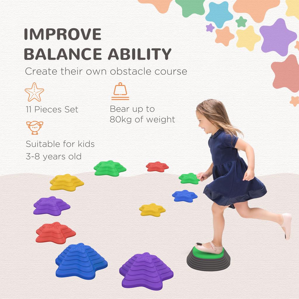 Stepping Stones Kids, 11 Pieces Balance Stones for Obstacle Course, Stackable Non-Slip Starfish Shape