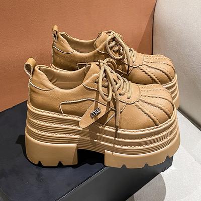 Fashion New 2025 Spring Women's Leather Sneakers High Platform Lace-up Casual Shoes Thick Sole 10CM Heels Walking Shoes Zapatos Mujer