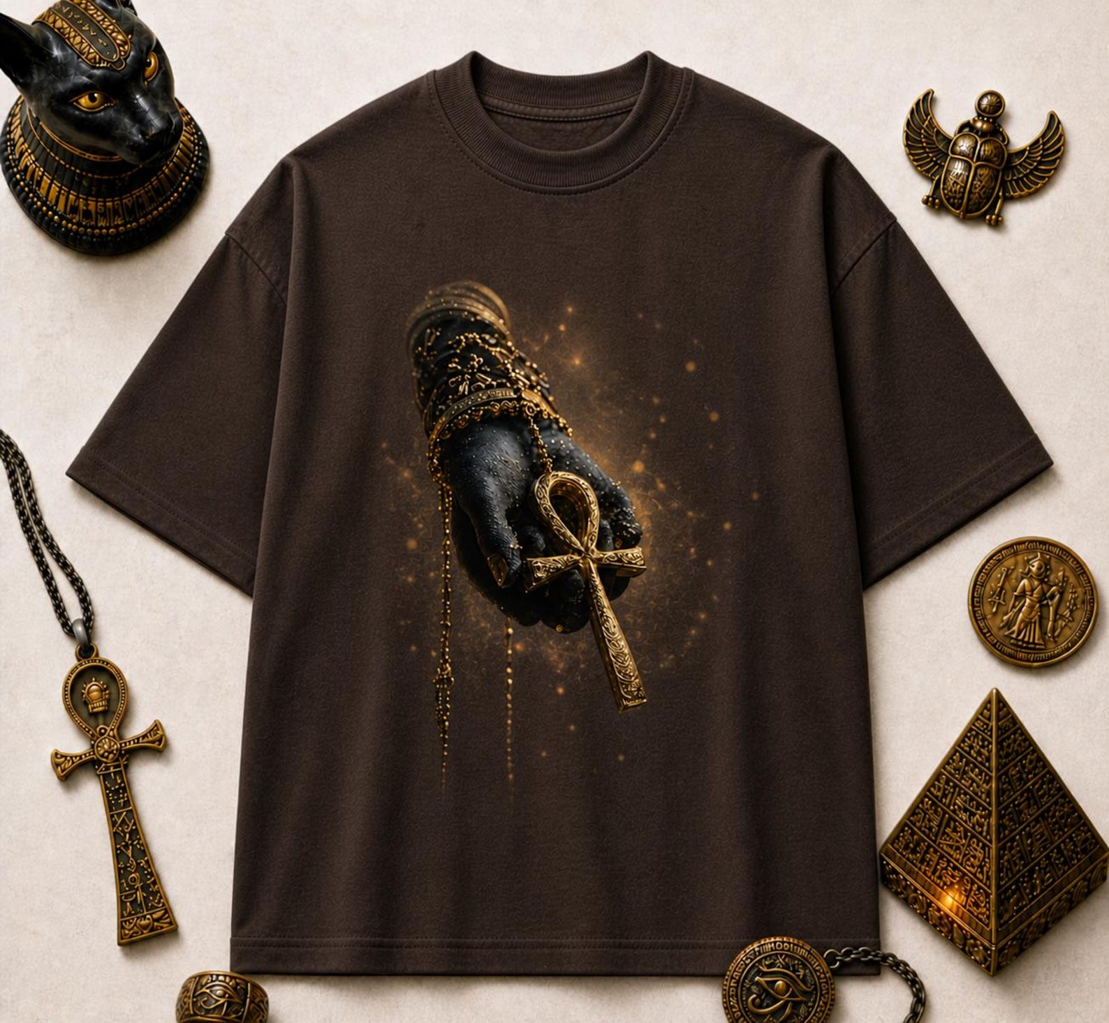 Ancient Egyptian Ankh T-Shirt, Gold Hand Graphic Tee, Spiritual Symbol Streetwear 3XL