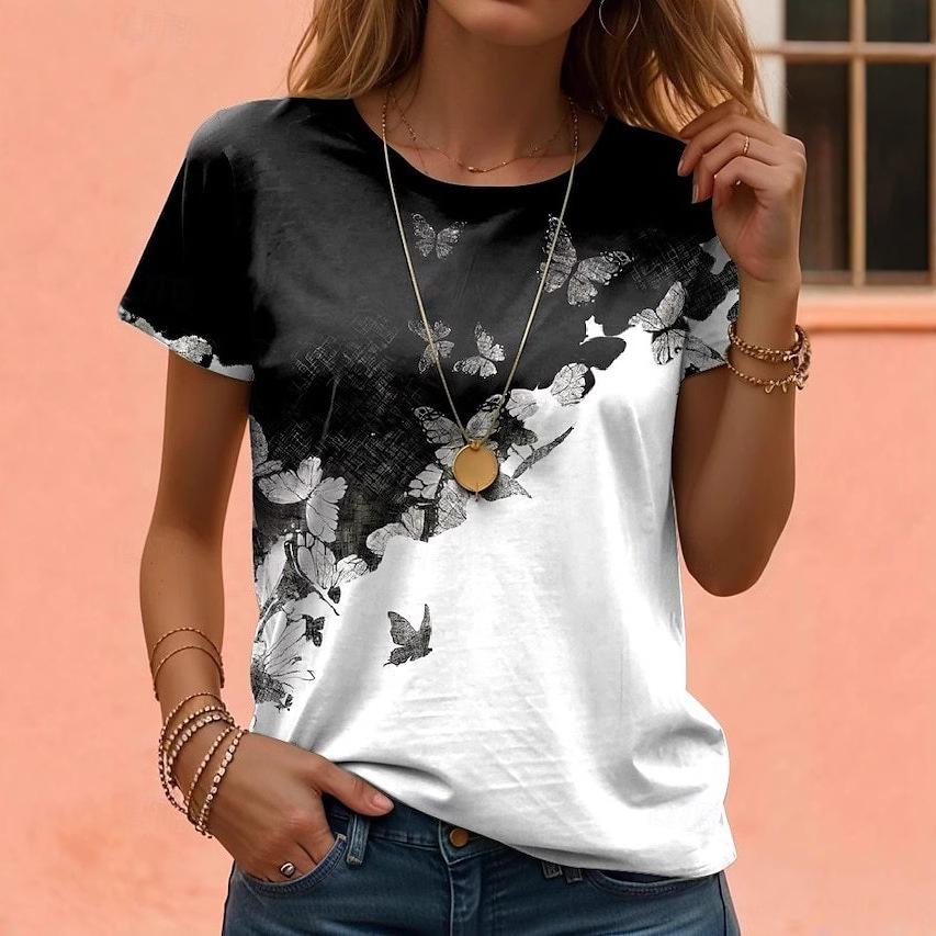 Summer Round Neck 3D Butterfly Print Top Fashionable Casual Short Sleeved Women's T-shirts