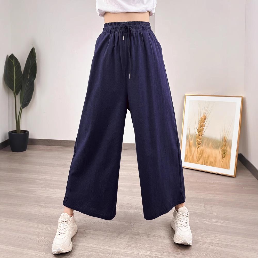 Southeast Asia Women's Casual Loose Ramie Culottes - Wide-Leg All-Cotton Slimming Pants, Eight-Point Length
