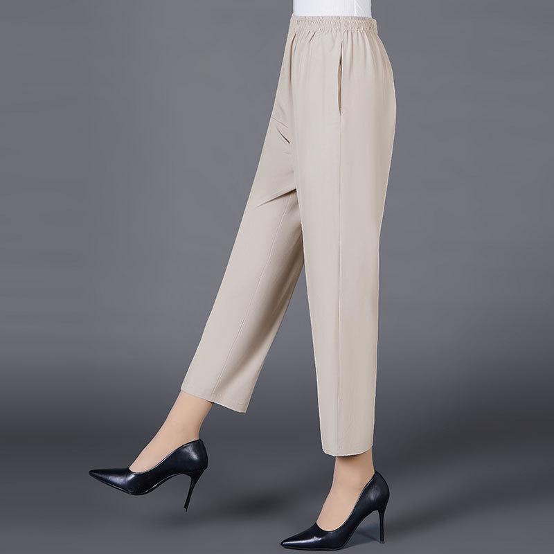 Summer Ice Silk High-Waist Elastic Pants for Middle-Aged and Older Women - Casual, Loose-Fit, Straight, Nine-Point Length