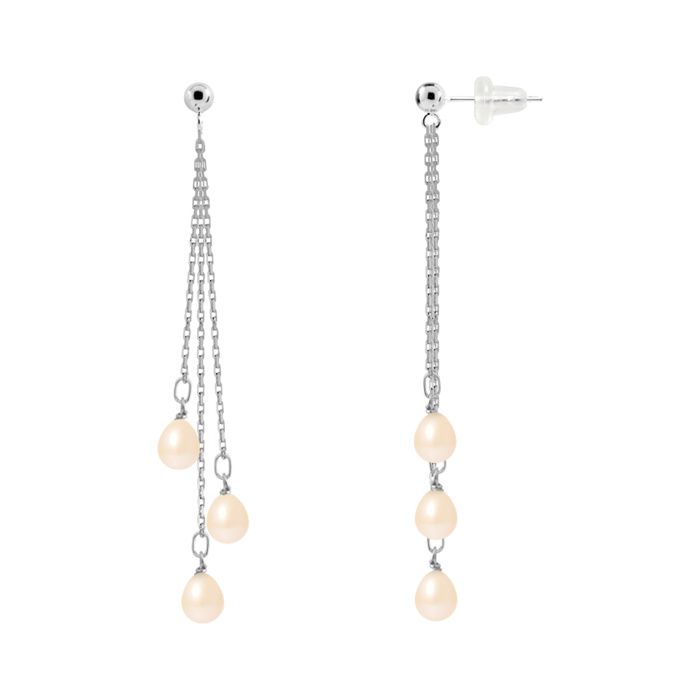 Dangling Earrings - Pearls & Colors - Genuine Freshwater Pearls 5-6 Mm - White Gold 375/1000 - Natural Pink