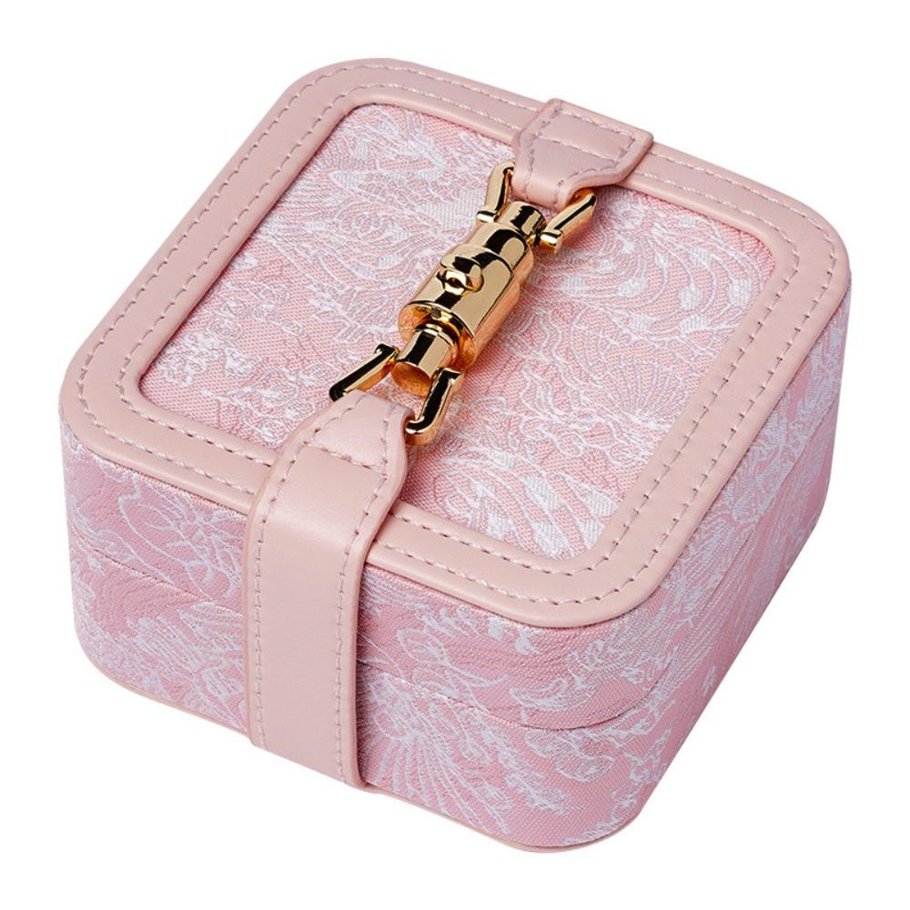 

Vintage Style Embroidered Jewelry Box in Blue Pink with Removable Tray, Large Capacity Storage for Earrings, Necklaces, Rings Faux Leather Covered розовый