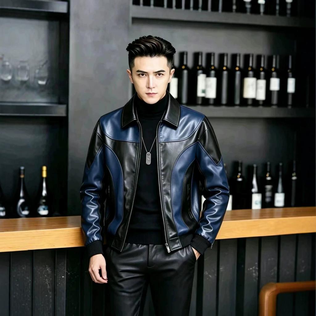 European size thickened spring and autumn casual men's leather jacket fashion splicing locomotive retro leather jacket men's clothing