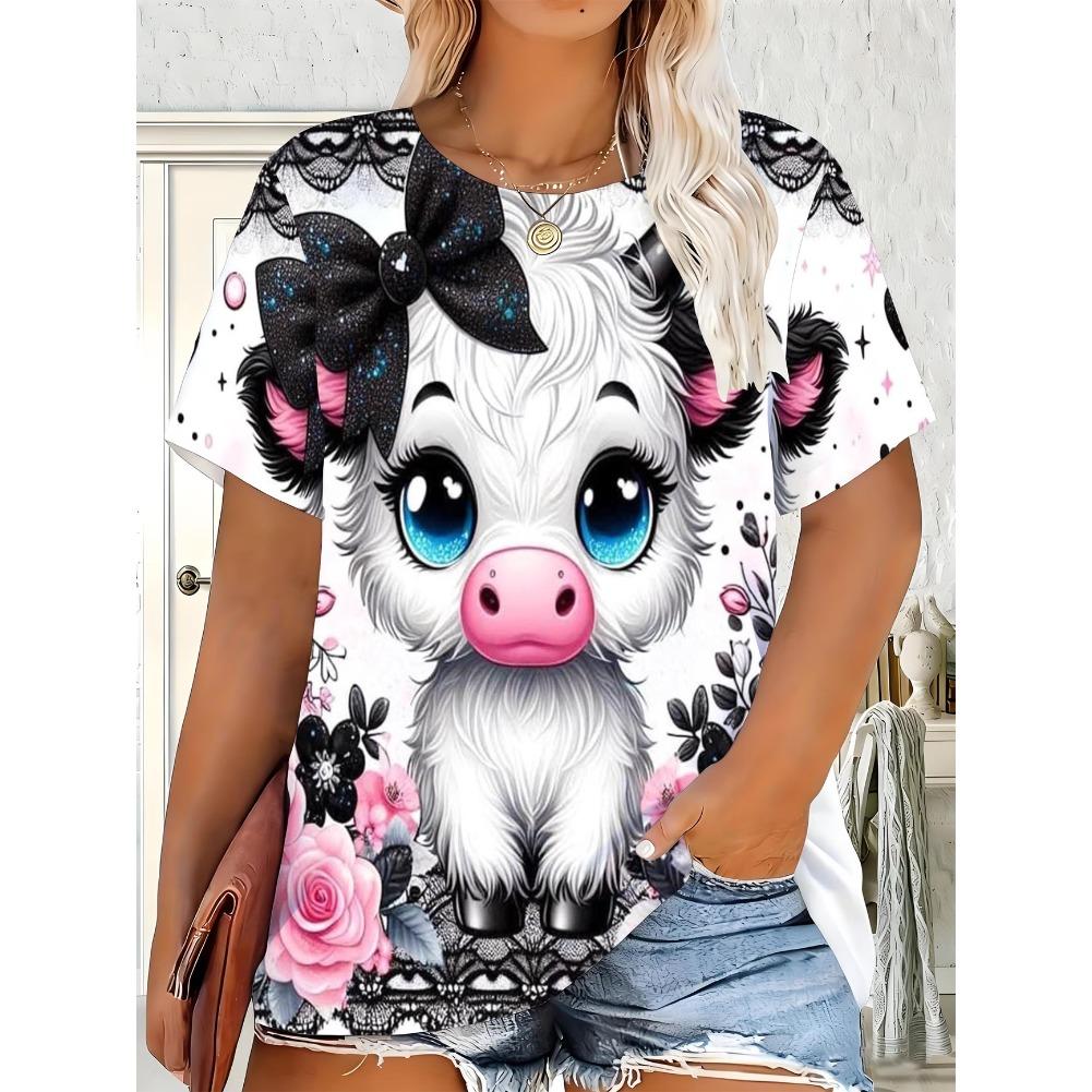 Plus Size Casual Crew Neck Short Sleeve Cat Animal Print T-Shirt - Soft Stretch Polyester Fabric Spring and Summer Womens Relaxed Fit Clothing