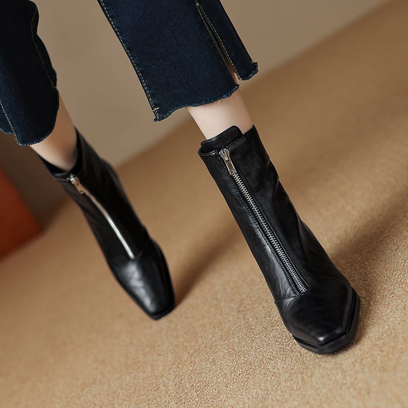 Krazing Pot PU Herbst Winter Schuhe Große Größe Chelsea Stiefel Square Toe Warm Halten Front Zipper Größe 43 Stiefeletten