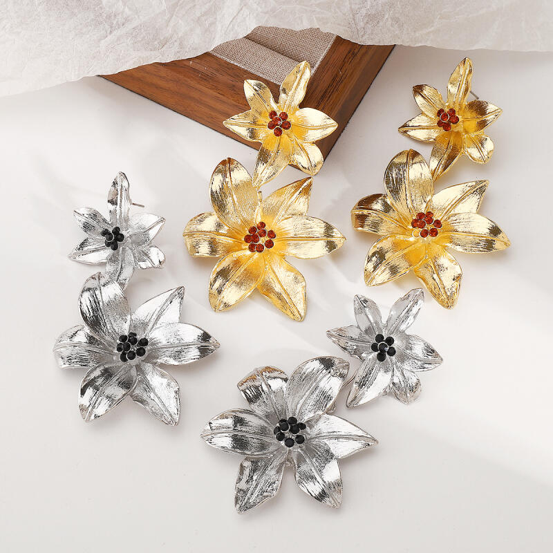 Bohemian Double Layer Metal Large Flowers Stud Earrings for Women Exaggerated Fashion Gold Silver Color Dangle Earrings Jewelry