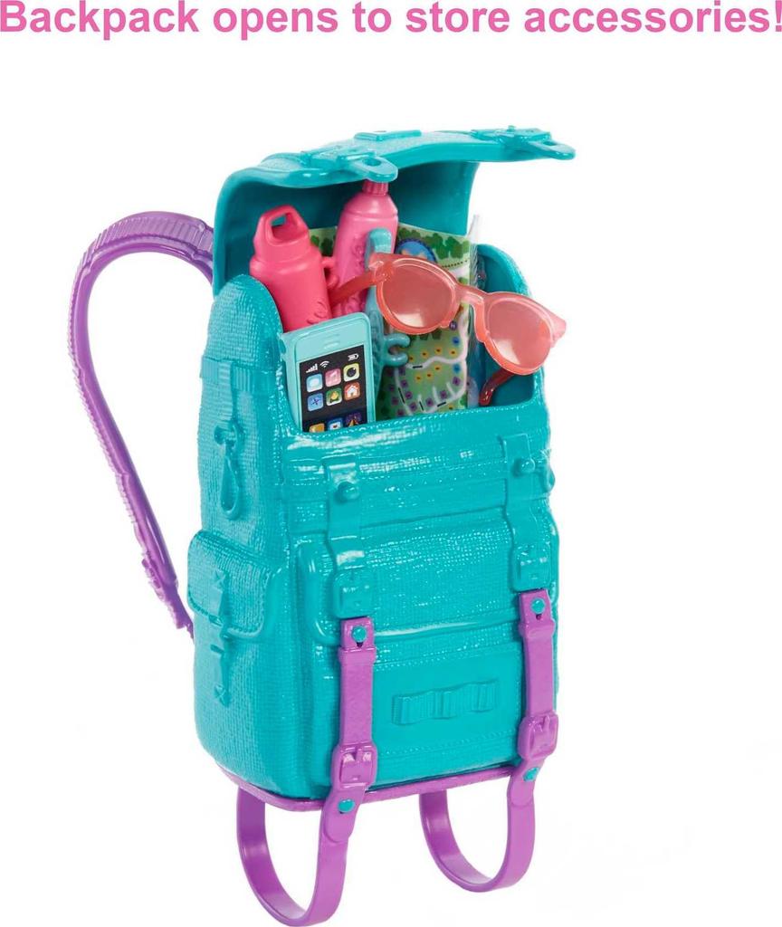 Barbie It Takes Two „Malibu“ Camping-Puppe (11,5 Zoll Blond) mit Haustierwelpe, Rucksack, Schlafsack & 10 Campingzubehör, Geschenk für 3- bis 7-Jährige