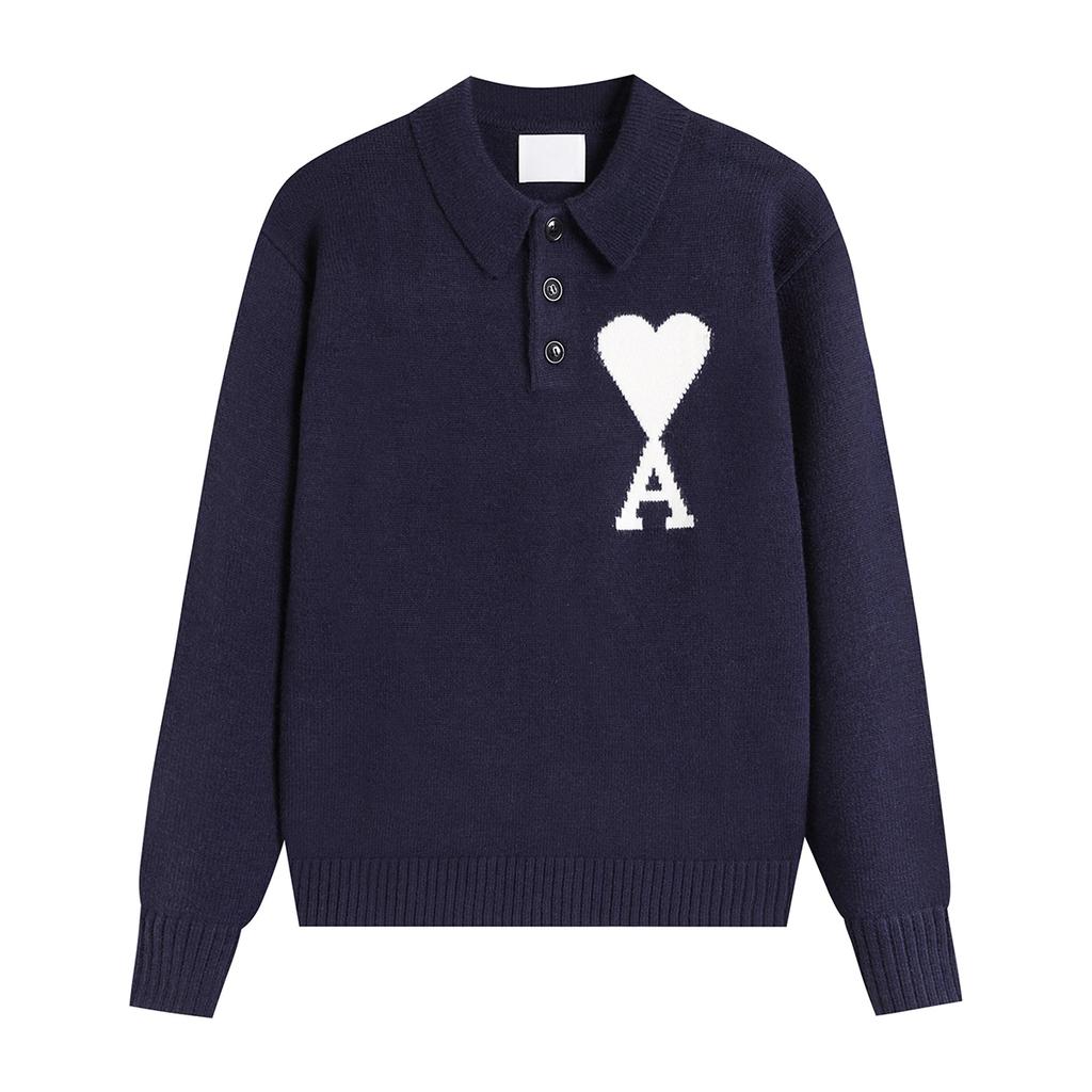 Maglione Unisex in Maglia con Collo a Polo Multicolore con Ricamo a Cuore e A Pullover Casual con Bottoni per Uomo Donna
