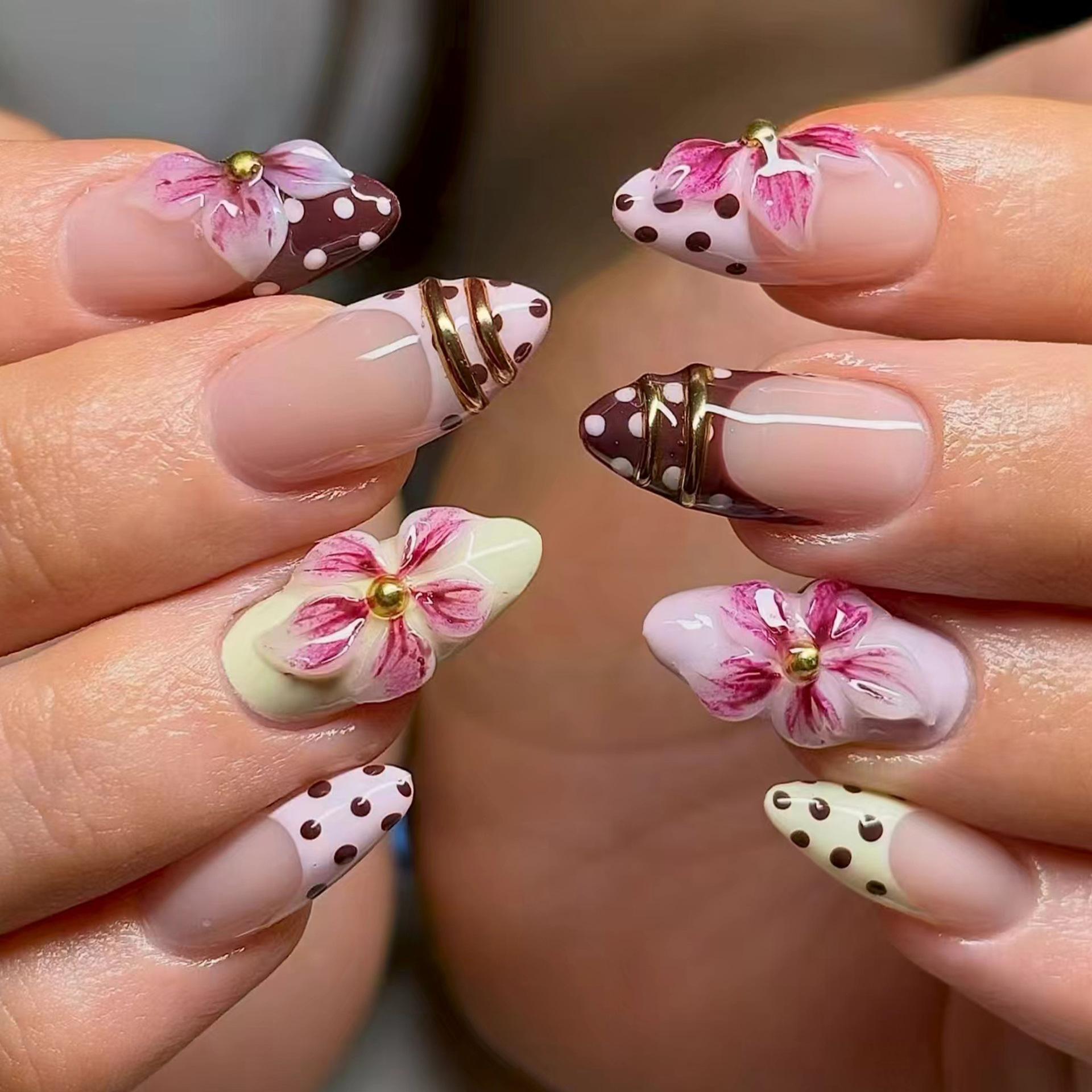 30 Pieces Hot-selling 3d Three-dimensional Color Gradual Change Flower Nail Art Piece Advanced Polka Dot French Almond Wearing
