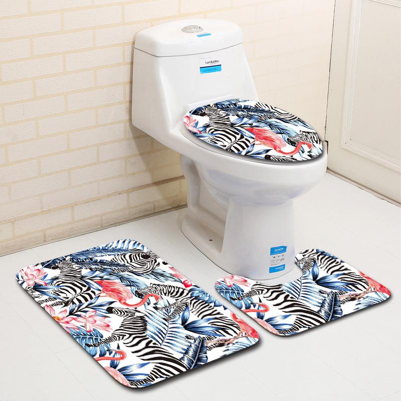 European And American Style Pink Cute Animal Flamingo Floor Mat Carpet Girl Heart Hand-Painted Illustration Toilet Three-Piece Set