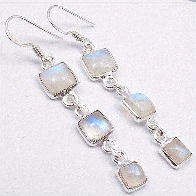Bohemian Style Square Synthetic Moonlight Stone Long Dangle Earrings for Women Elegant Exquisite Wedding Banquet Jewelry Pendant