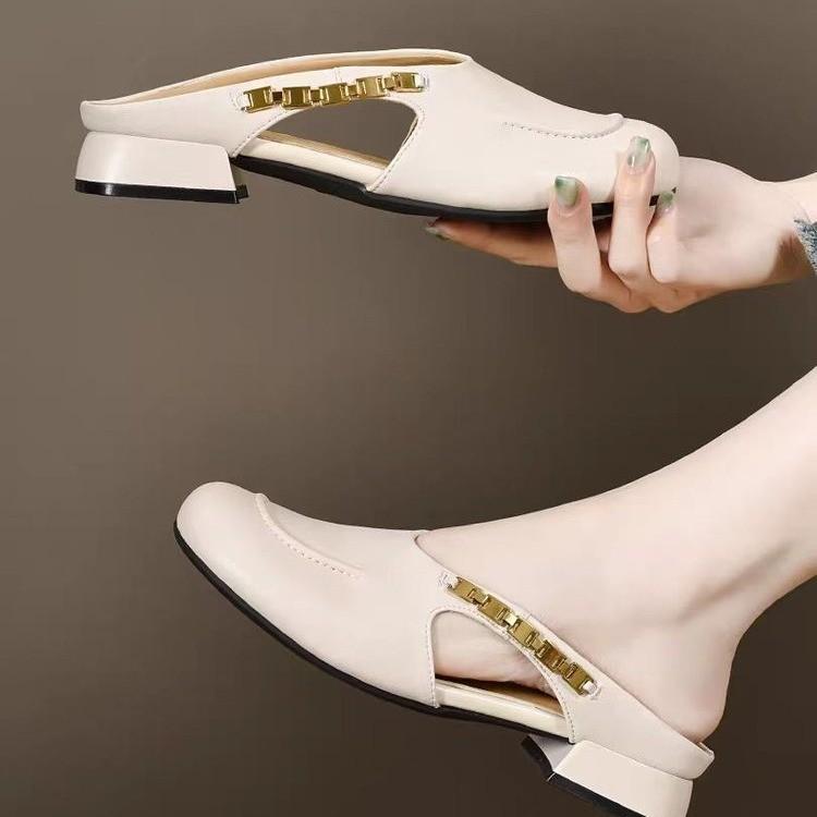 

Мягкая кожаная сумка, головные полушлепанцы, женские летние, 3 см толстый каблук, нескользящие, универсальные, модные, с круглым носком, средней высоты каблук, шлепанцы 41