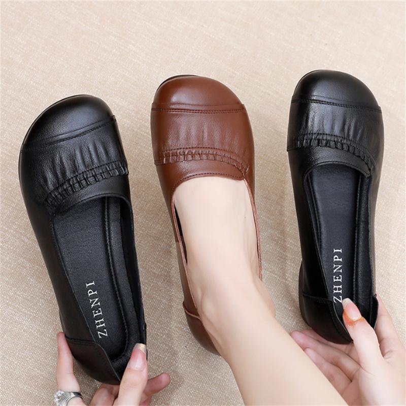 Size35-43 Spring Autumn Genuine Leather Soft Bottom Women Shoes Mom Women Slip-On Shallow Mouth Bow Casual Flat Black Work Shoes