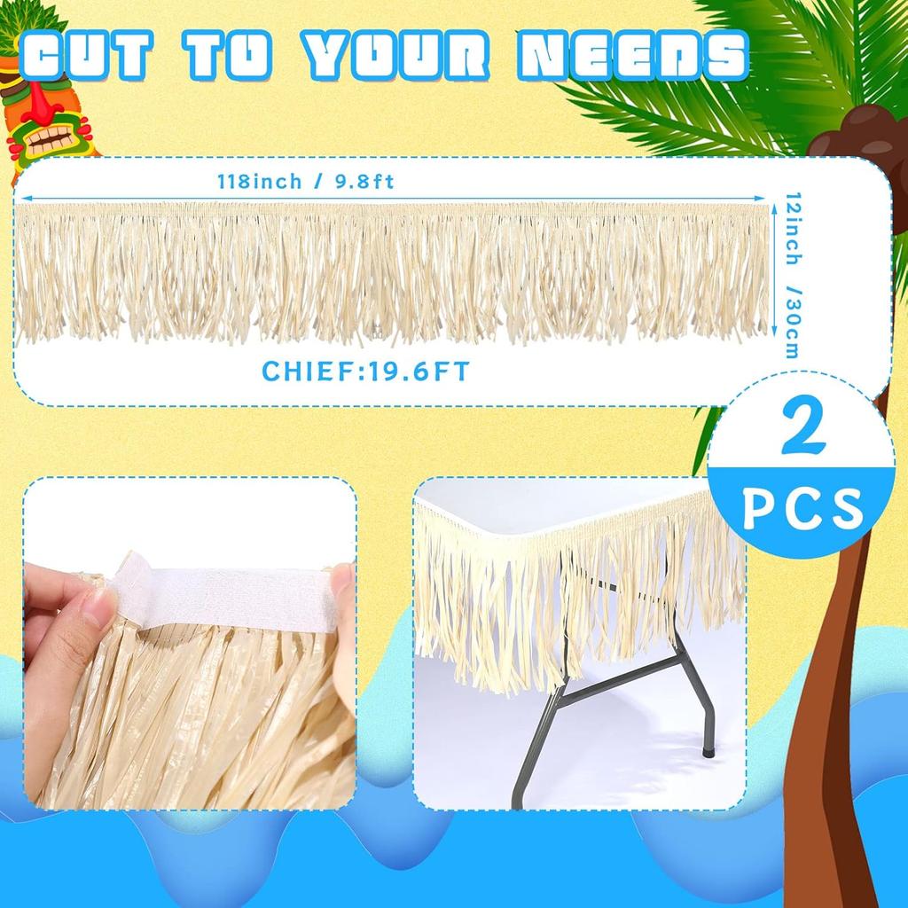 Hawaiian Luau Grass Raffia Fringe Banner Tropical Table Skirt Raffia Tiki Party Decorations Grass Skirt Table Fringe Summer Deck Skirting for