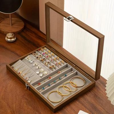 Jewelry Storage Box Vintage Earring Display Case Jewelry Box Walnut Wood Glass Multi-Compartment Velvet Lined Organizer Gift