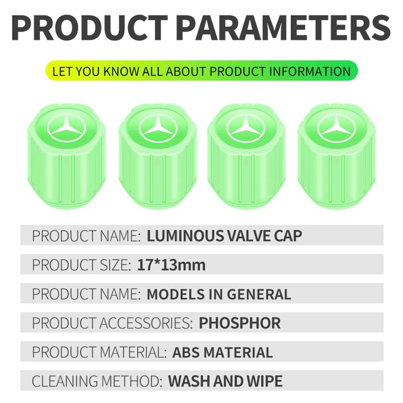 4Pcs Luminous Car Tire Valve Caps Badge Emblem Accessories For Mercedes Benz AMG GLE GLS GLC CLA GLB ML C500 C200 C300 W204 W206 W205 W212 W203
