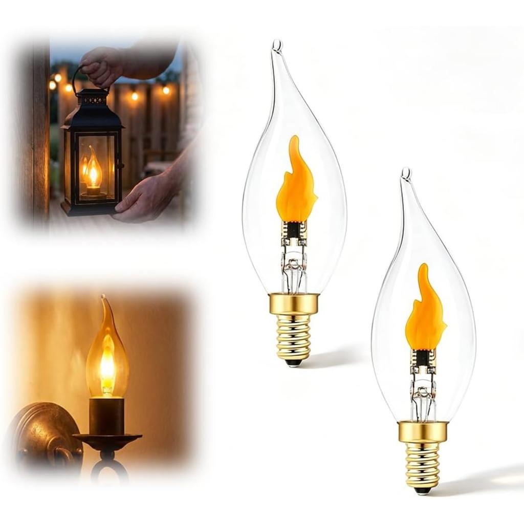 E12 Candelabra Flame Light Bulbs, Realistic Flickering LED Fire Light Bulb, Clear Glass Candle Style Flicker Bulb for Lantern, Chandelier, Halloween