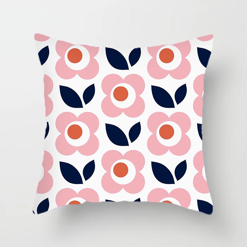 Nordic Pink Geometric Cushion Cover Home Decor Sofa Pillowcase Floral Print Soft Peach Skin Pillowcase
