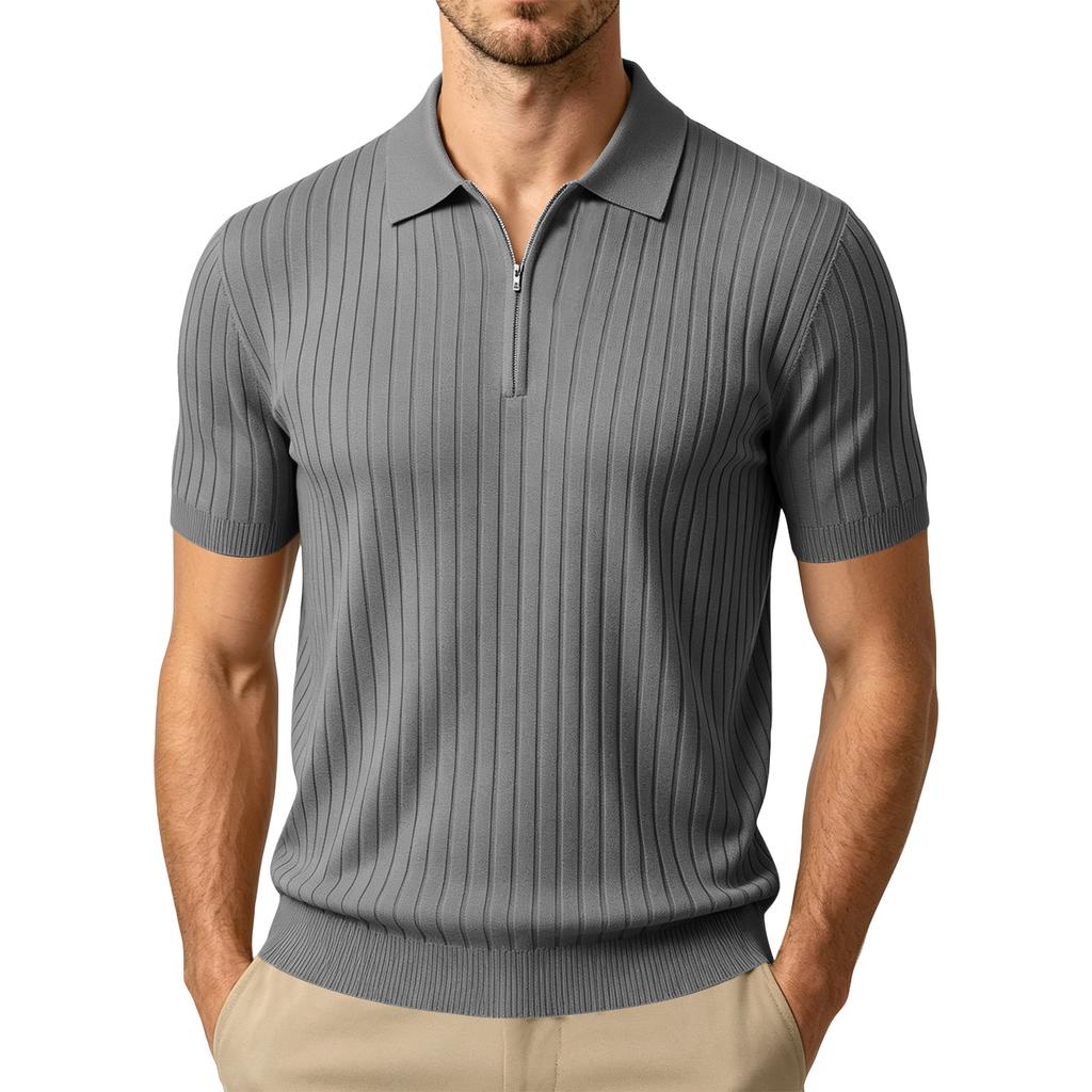 Men's Summer Short Sleeve Polo Shirt Ribbed Knit Half Zip Collar Casual Lightweight Breathable Pullover Top for Everyday Wear