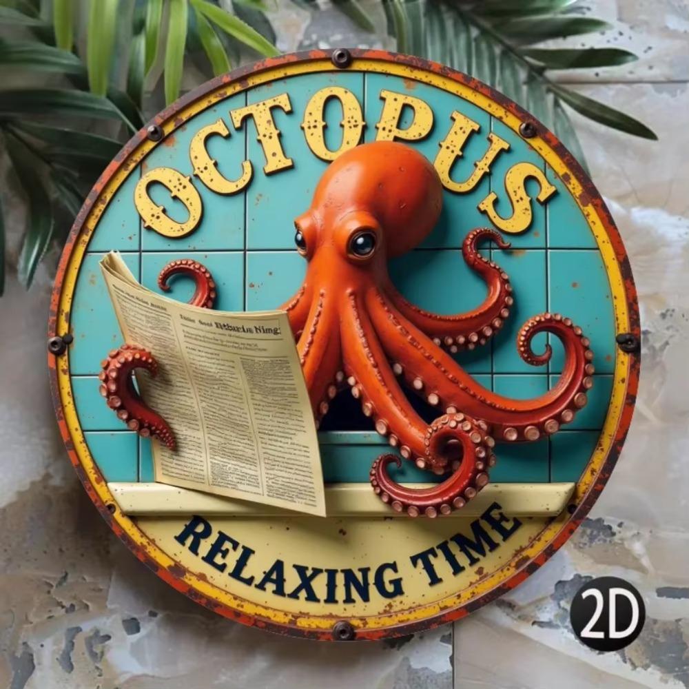 

2D Flat Octopus Reading Newspaper Metal Wall Art for Farmhouse Garden Decor Holiday Gift 40x30cm